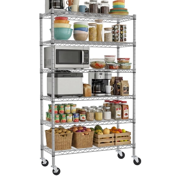 6-Tier Storage Shelves NSF Certified Wire Shelving Unit with Wheels Heavy Duty Metal Shelves Adjustable Steel Shelving 2100Lbs Capacity for Closet Pantry Basement- (18"Dx45"Wx82H", Silver)