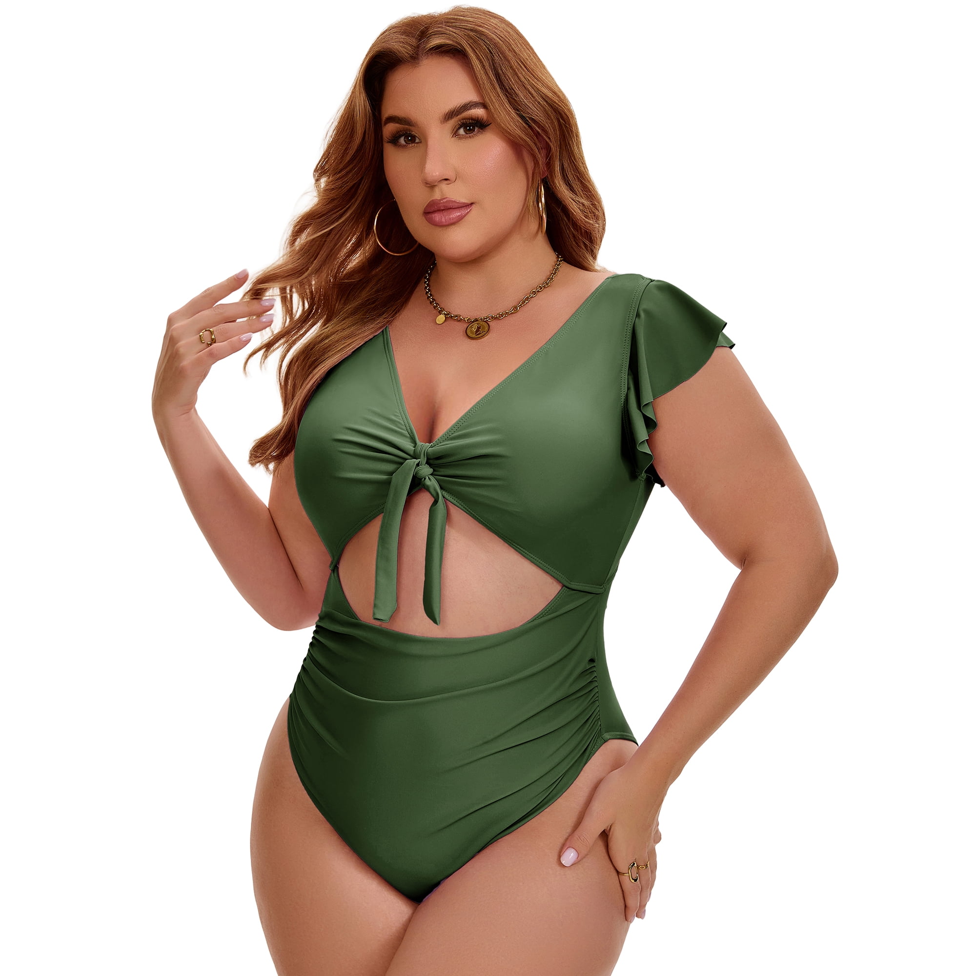 DARING DIVA Women's Plus 1 Piece Bikini Bathing Cut Out Suit L Army Green