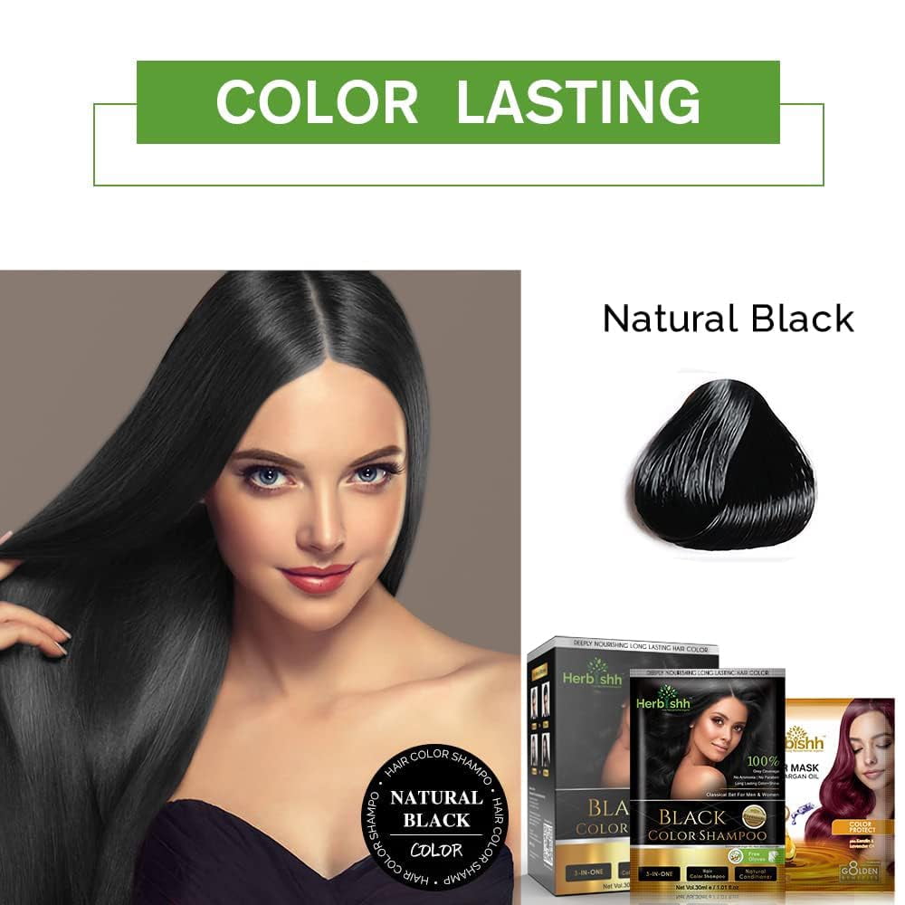 (2 pack) Herbishh Hair Color Shampoo for Gray Hair, Men & Women, Travel Size, 10+1 Pack (Black 30 ml)