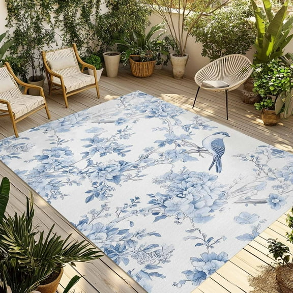 Fsddascl Blue White Flowers Outdoor Rug for Patio/Deck/Porch, Non-Slip Large Area Rug 4 x 6 Ft, Spring Summer Floral Botanical Indoor Outdoor Rugs Washable Area Rugs, Reversible Camping Rug Carpet