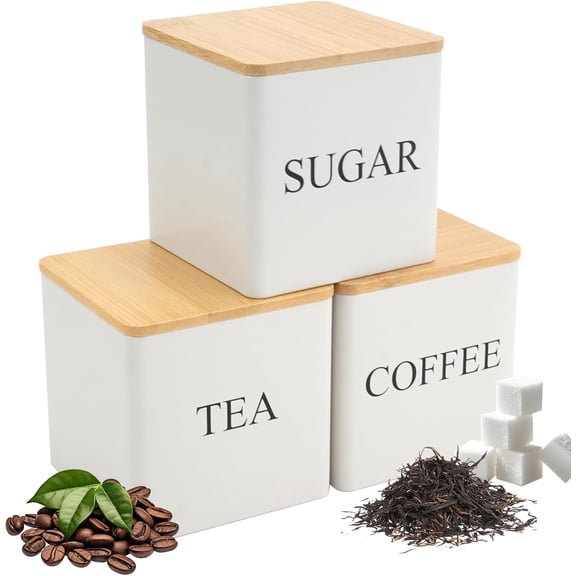 FacoFaco 3 Pack 16oz Canisters Set with Bamboo Lids, White Food Storage Container Jars for Coffee Beans, Tea, Sugar