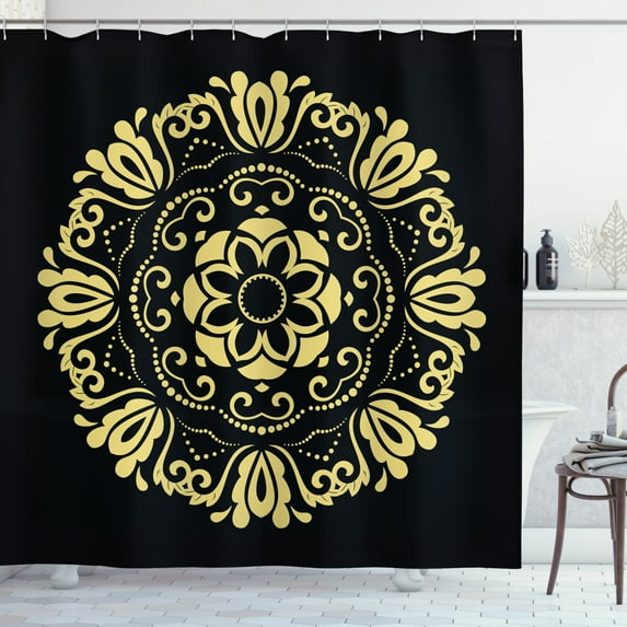 Yellow Damask Shower Curtain, Graphic Abstract Flowers Stylized Circular Frame Leaves Image, Fabric Bathroom Set with Hooks, 69W X 84L Inches Extra Long, Pale Yellow and Black, by Ambesonne
