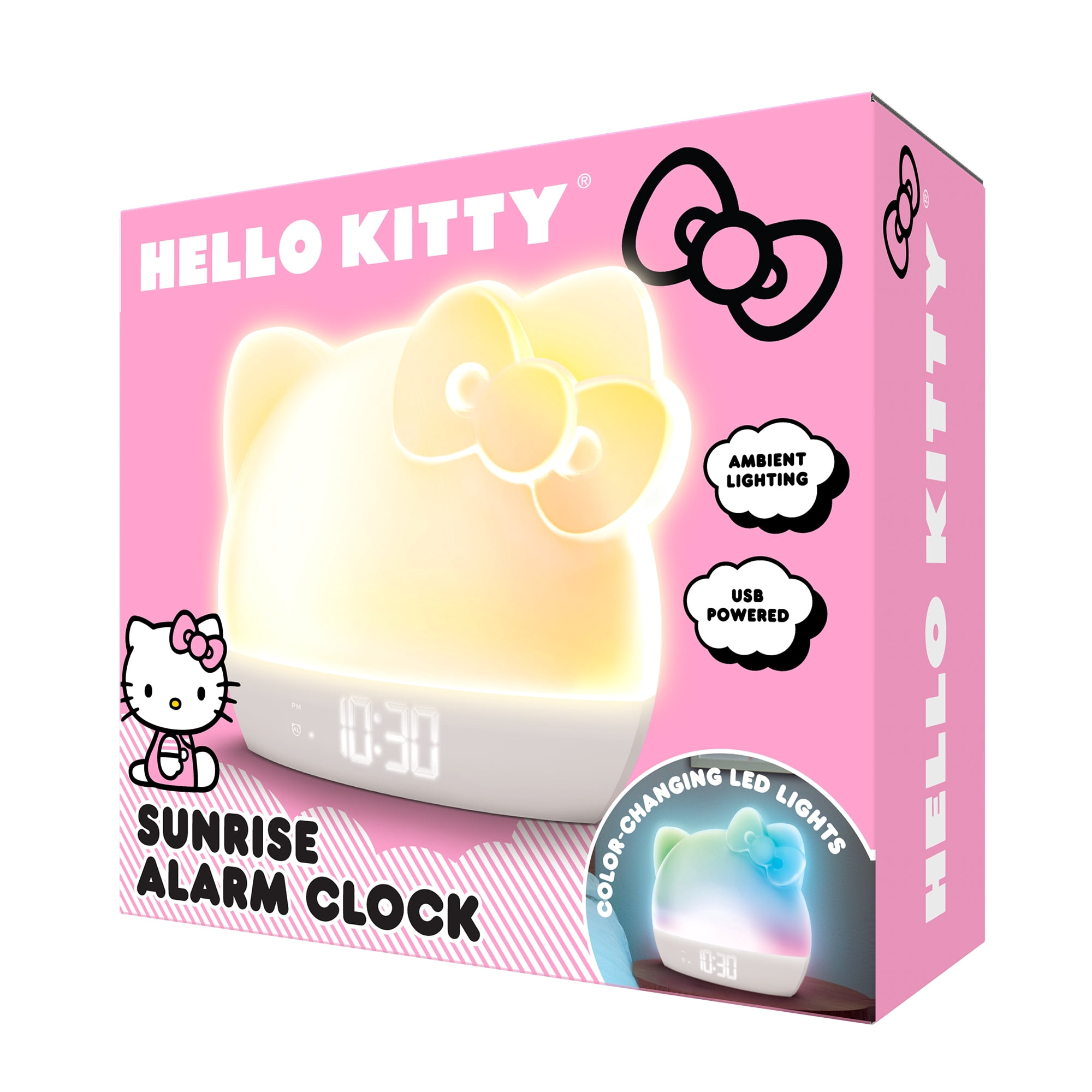 Hello Kitty Sunrise Alarm Clock with Wake-Up Light, RGB Color-Changing Night Light & Ambient Lamp, LED Time/Date/Temperature Display, USB Powered with Device Charging Port (White)