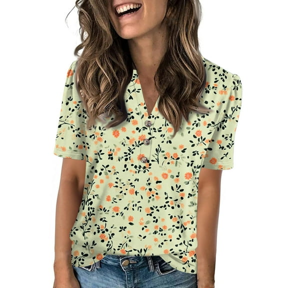 NAMTYQX Casual Tops for Women Women Shirts Trendy Button V Neck Patterned Stretch Summer Shirts for Women Dark Green Size 2XL
