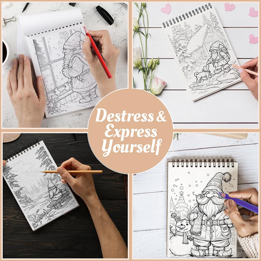 Netecom Christmas Gnomes Coloring Book Spiral Bound For Adult, A5 Wooden Cover, 30 Delightful Coloring Pages of Gnomes Spreading Holiday Cheer for Stress Relief and Relaxation