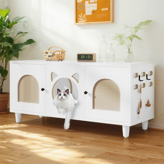 YIYADO Cat Litter Box Enclosure Furniture, Cream White Cabinet with Sisal Scratching Door, Stylish Cat Litter Box