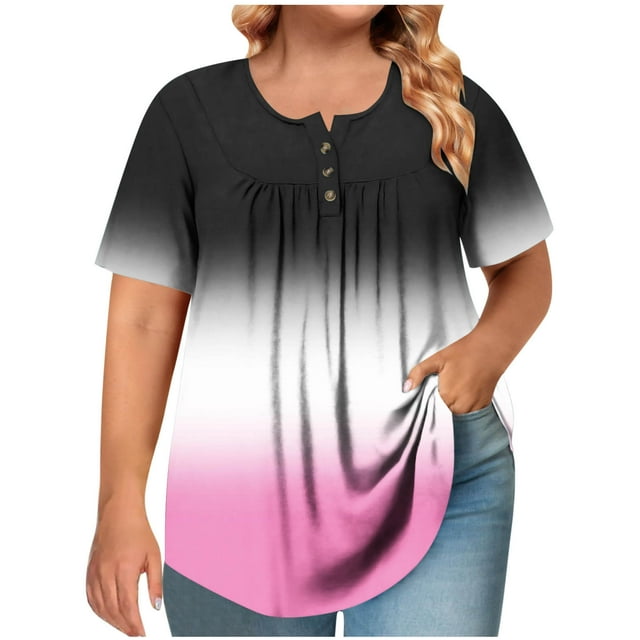 Swstbby Liquidation d'Été 2025! pour Hauts pour Femmes Grande Taille, Chemises d'Été pour Femmes, T-shirt à Manches Courtes Imprimé Col Rond Boutonné Plissé Grande Taille Rouge Melon D\'eau TTTTG