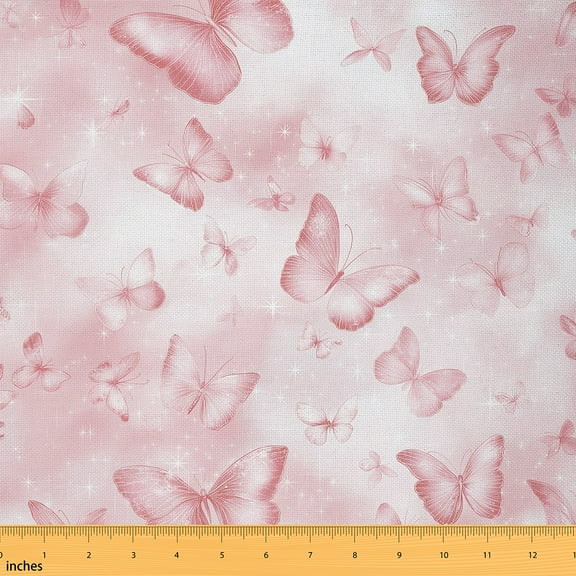 Homewish Girly Pink Butterfly Fabric by the Yard 1 Yard for Girls, Kawaii Cherry Blossoms Room Decor Fabric by the Yard, Cute Cartoon Sewing Fabric, Breathable Home Decor