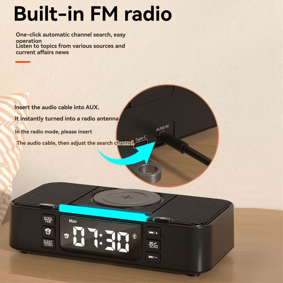 Wireless Charging Station with Bluetooth Speaker, Alarm Clock, FM Radio, Night Light, Phone Holder, Adjustable Display