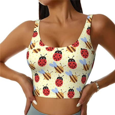 Adobk Ladybug And Bee Print Sports Bras for Women Longline Workout Crop Tank Tops Padded with Built in Shelf Padded Sports Bra-X-Large