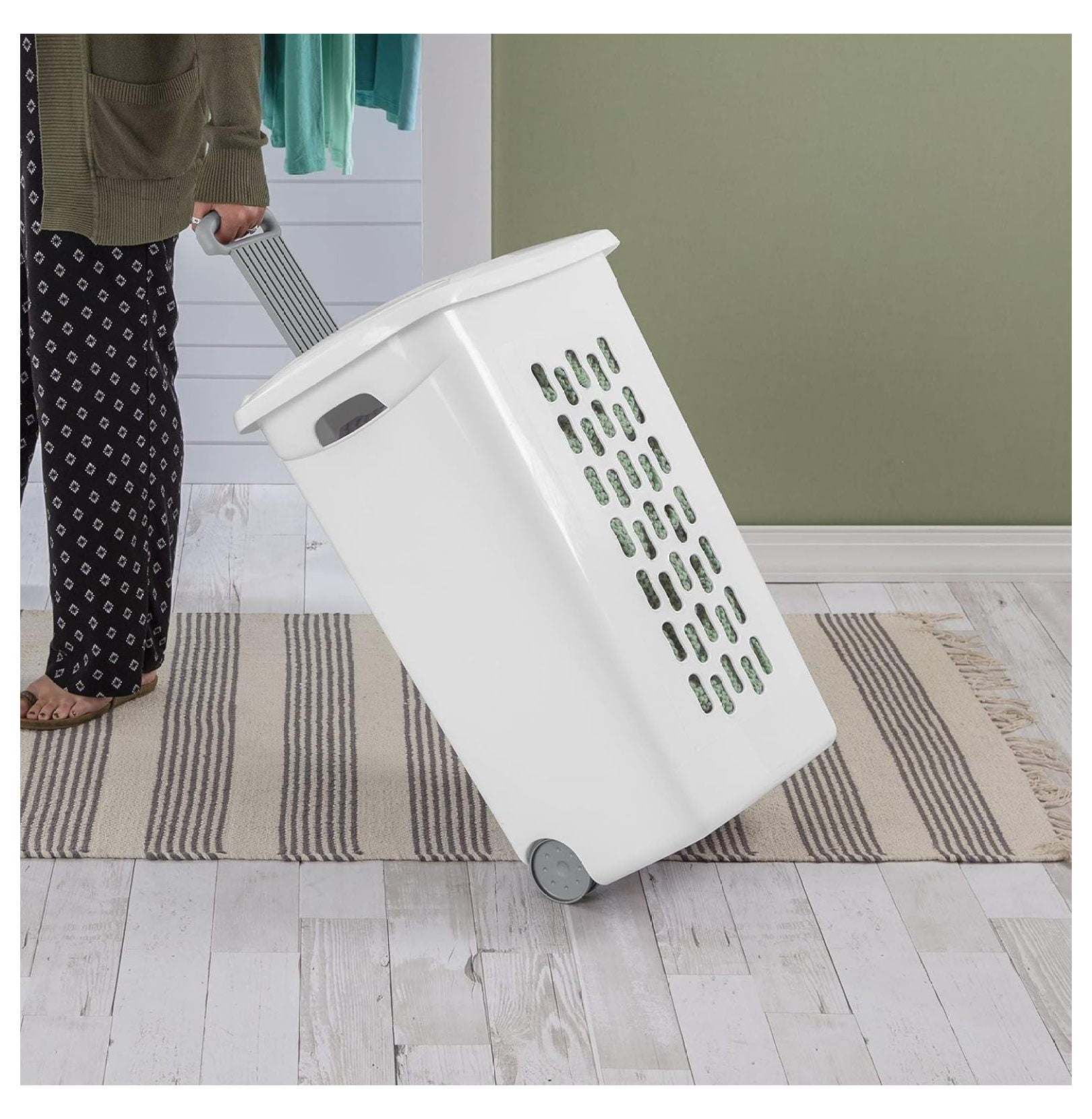 Ultra Wheeled Laundry Hamper with Lid, Handle and Wheels for Easy Rolling of Clothes to and from The Laundry Room, Plastic, White, 1-Pack