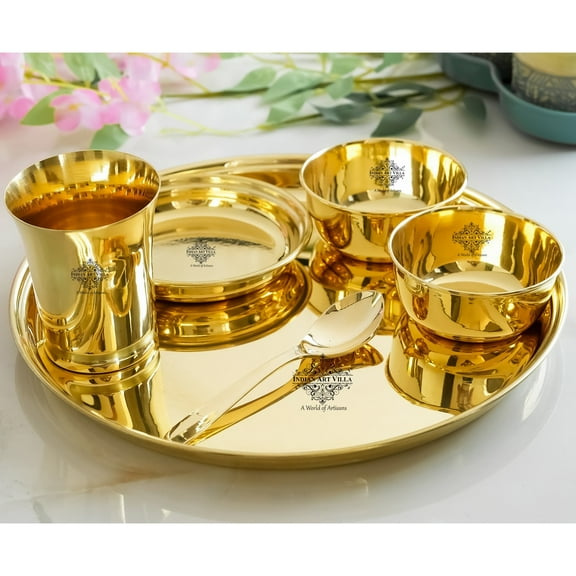 Indian Art Villa Brass Gold Shine Finish Pari Design Thali Set - 6 Pieces with 1 Thali, 1 Glass, 1 Spoon, 1 Small Plate, and 2 Bowls (Pack of 1 Dinner Set)