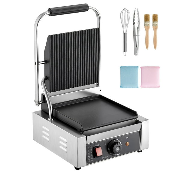 KFFKFF Commercial Panini Grill, 1800W Electric Sandwich Maker, Stainless Steel Press Grill with Handle and Temperature Control, 8.8x9 in Flat Enamel Plate, Ideal for Burgers, Steaks, and Bacon
