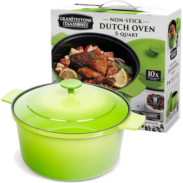 Horno Holandés Granite Stone de 5qt, Horno Holandés Ultraduradero con Revestimiento Antiadherente de Mineral y Diamante Mineral Verde