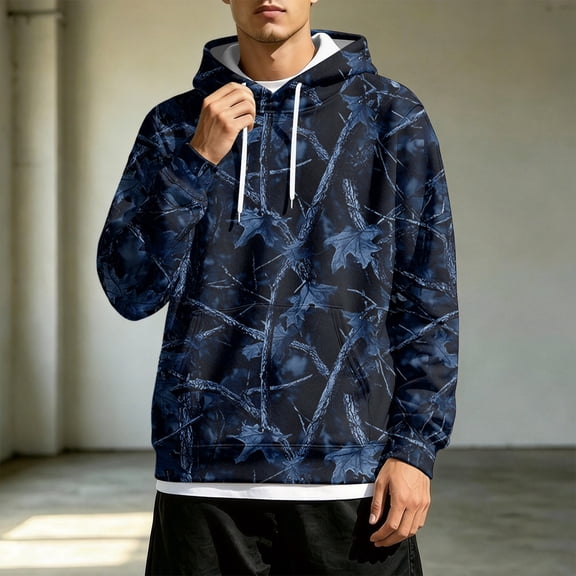 Dwelliawo Men's Hoodies Fall Winter Loose-fitting Casual Camouflage Print Hooded Sweatshirt Navy L