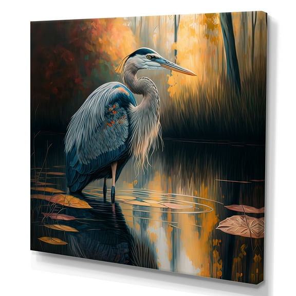 Designart Cute Heron In A Lake Floral Art I Canvas Wall Art