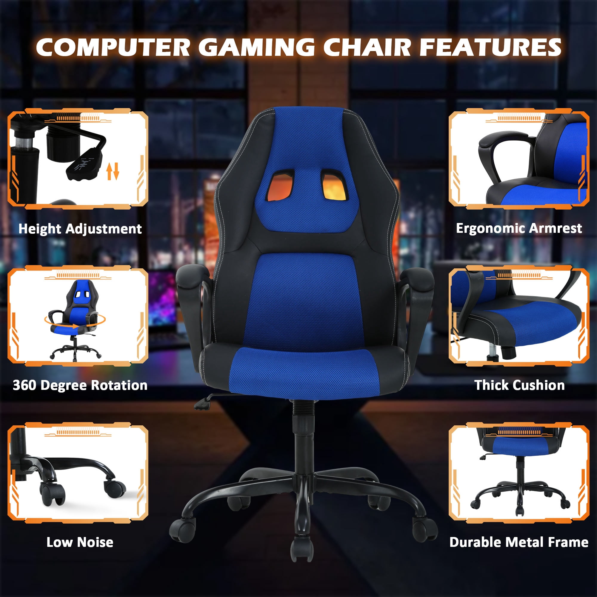CL.HPAHKL PC Gaming Chair, Ergonomic Computer Chair PU Leather Gamer Chair with Headrest and Lumbar Support, Height Adjustable Video Game Chair Gaming Chair for Adults Teen, Blue