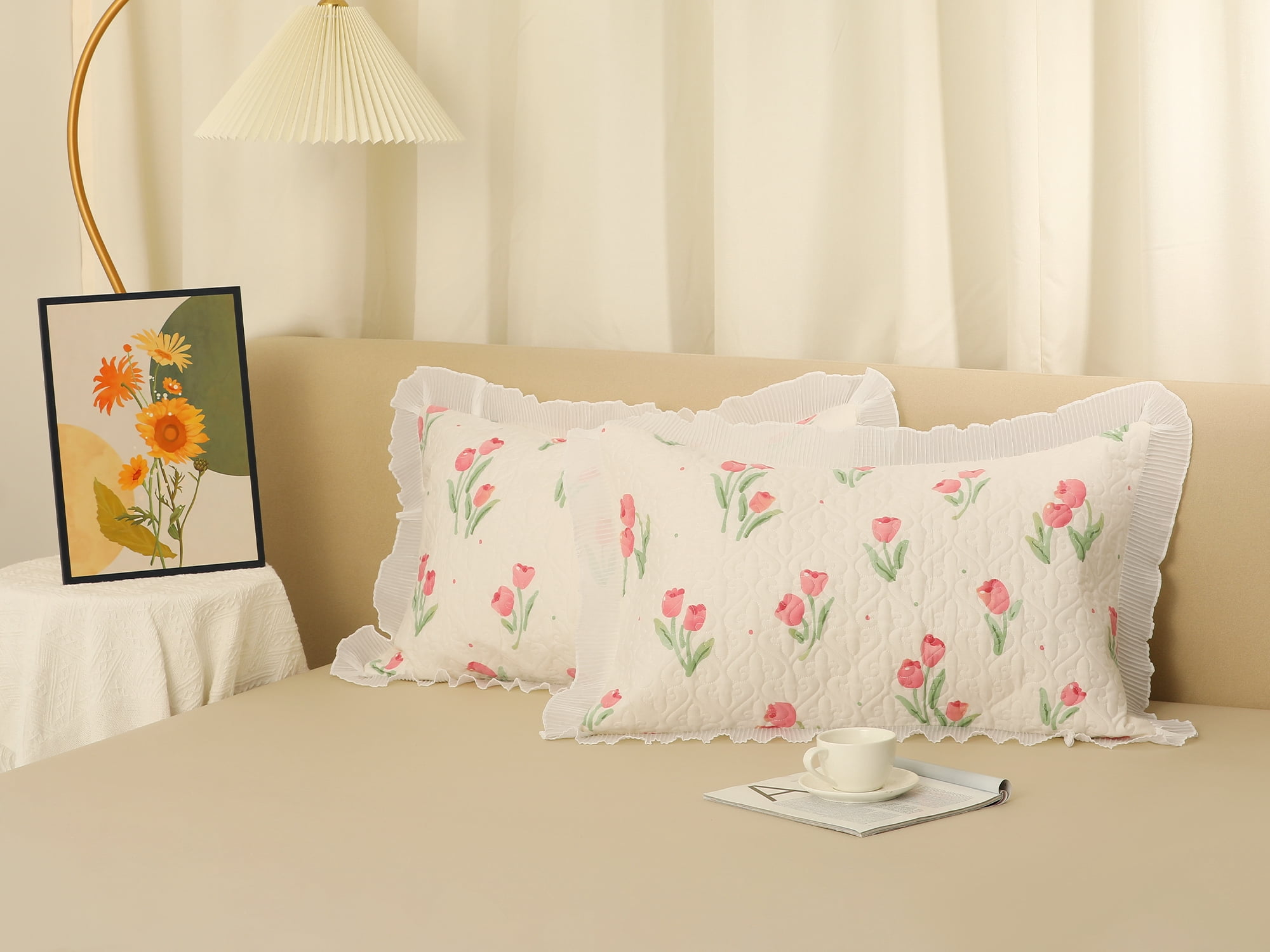Unique Bargains Cotton Floral Ruffle Trim Pillow Shams Set of 2 with Envelope Closure  White Queen
