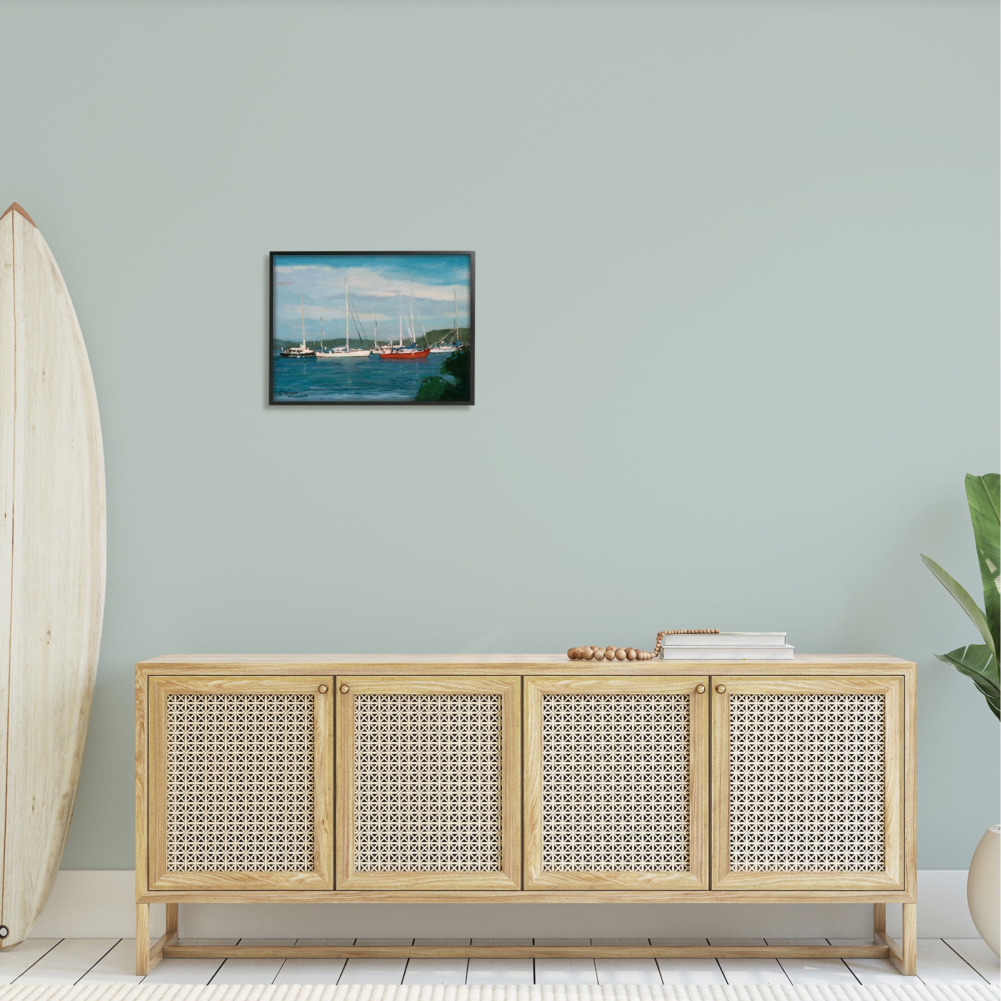 Stupell Industries Sailboat Fleet Afloat Ocean Water Distant Hills Painting Black Framed Art Print Wall Art, Design by Stephen Calcasola