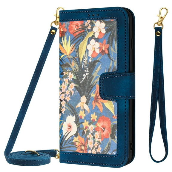 Allytech for Google Pixel 7 Pro Wallet Case, Premium PU Leather Cards Slots Shoulder Strap Hand Wrist Fashion Floral Pattern Wallet Phone Case for Google Pixel 7 Pro - Darkblue