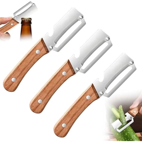 Multifunctional Premium Vegetable Peeler: 2-in-1 Peeler with Wooden Handle and Bottle Opener - Stainless Steel Kitchen Tool for Fruit Apple Potato Pumpkin Papaya (3)