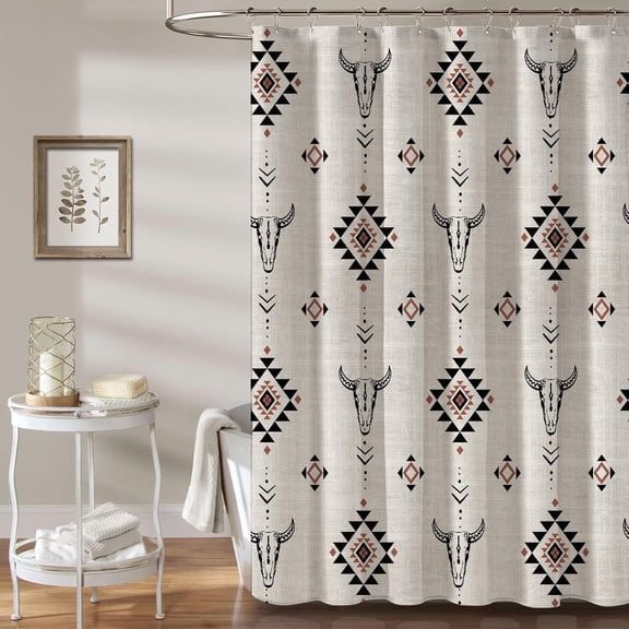 MORAVE 72x72 Inch Western Aztec Linen Shower Curtain, Boho Farmhouse Ethnic Bull Skull Pattern Fabric Bath Curtain for Bathroom