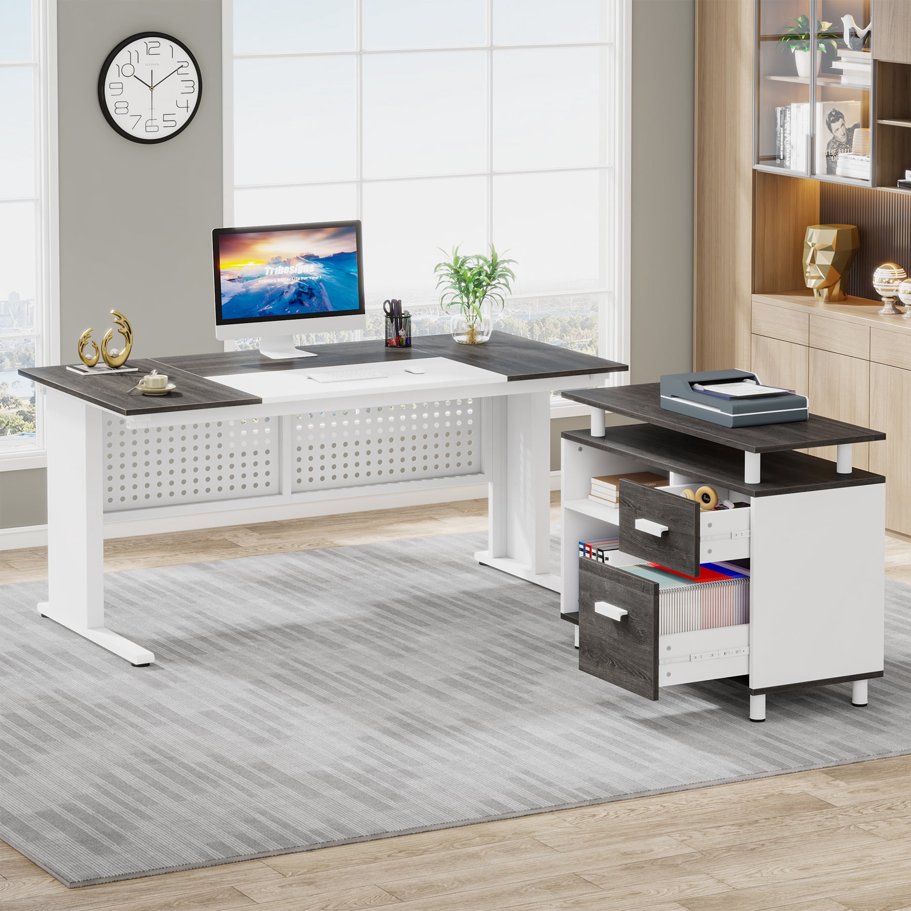 Tribesigns 63 Inch Executive Desk with File Cabinet, Large Office Desk L Shaped Computer Desk with Drawers and Storage Shelves, Business Furniture Desk Workstation for Home Office, Gray and White