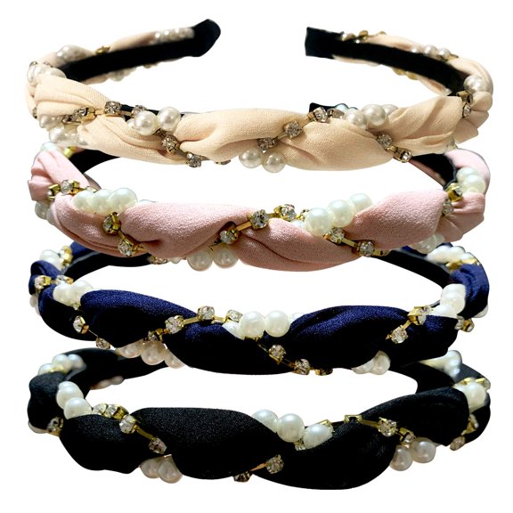 4 Pack Fashion Rhinestone Headbands with Faux Pearl Elastic Thin Hair Hoops Hair Accessories for Women and Girls, Great gift