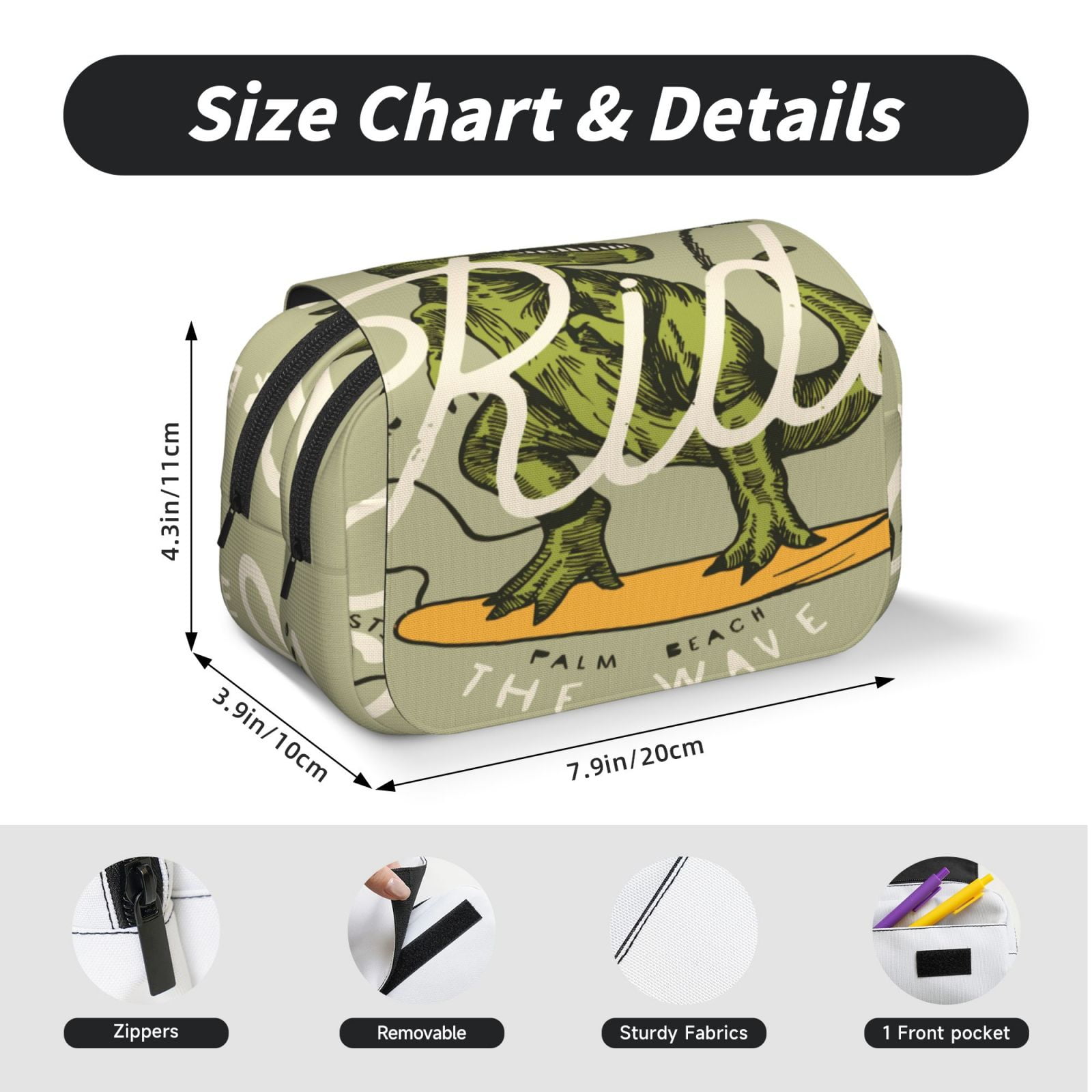Rateoe Dinosaur Pattern Double Clamshell Pen Case, Storage Organizer with Two Zipper Compartments– Holds Up to 50 Pencils & Pens