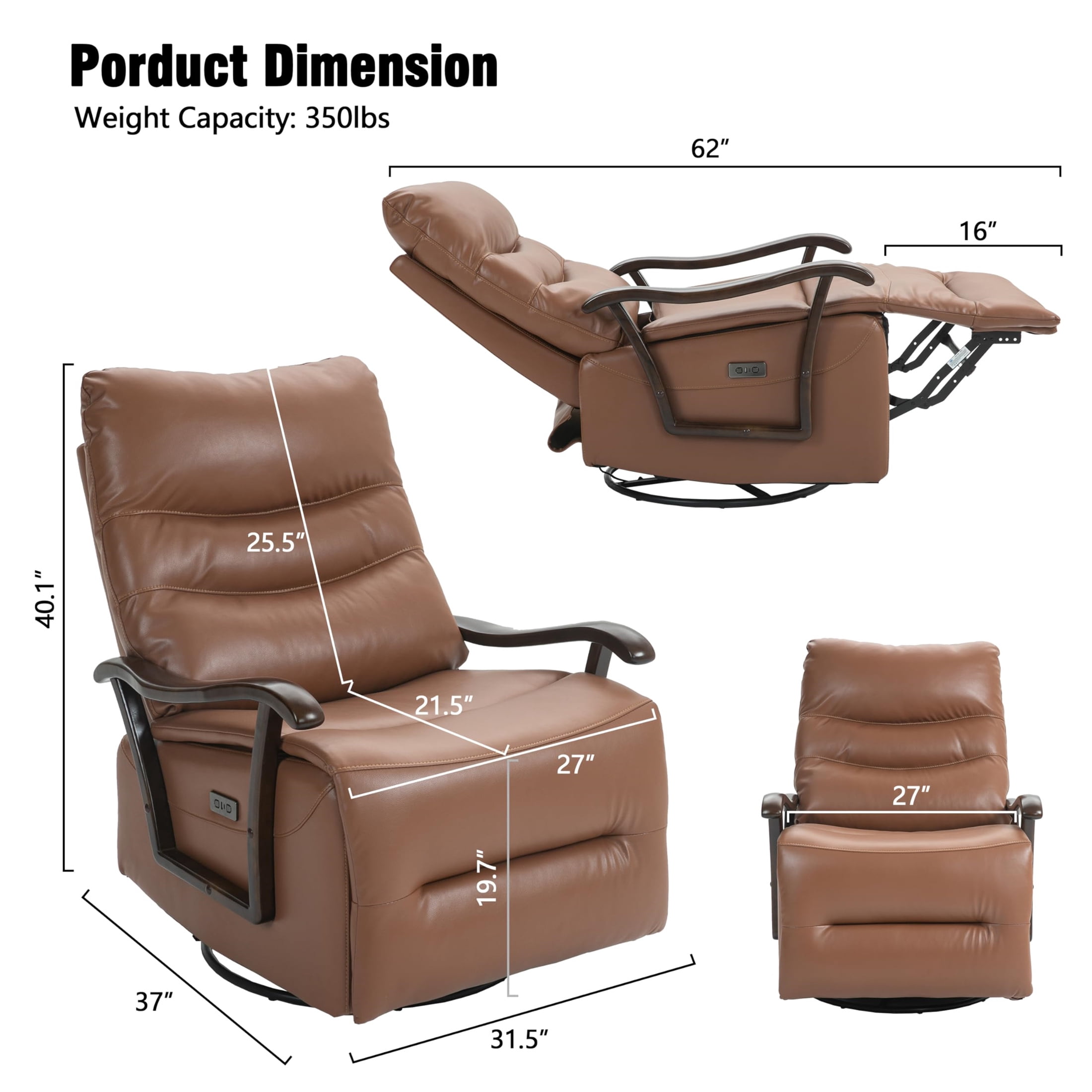 Aukfa Power Recliner Swivel Glider, Living Room Reclining Sofa Chair with USB Port, Leather, Brown