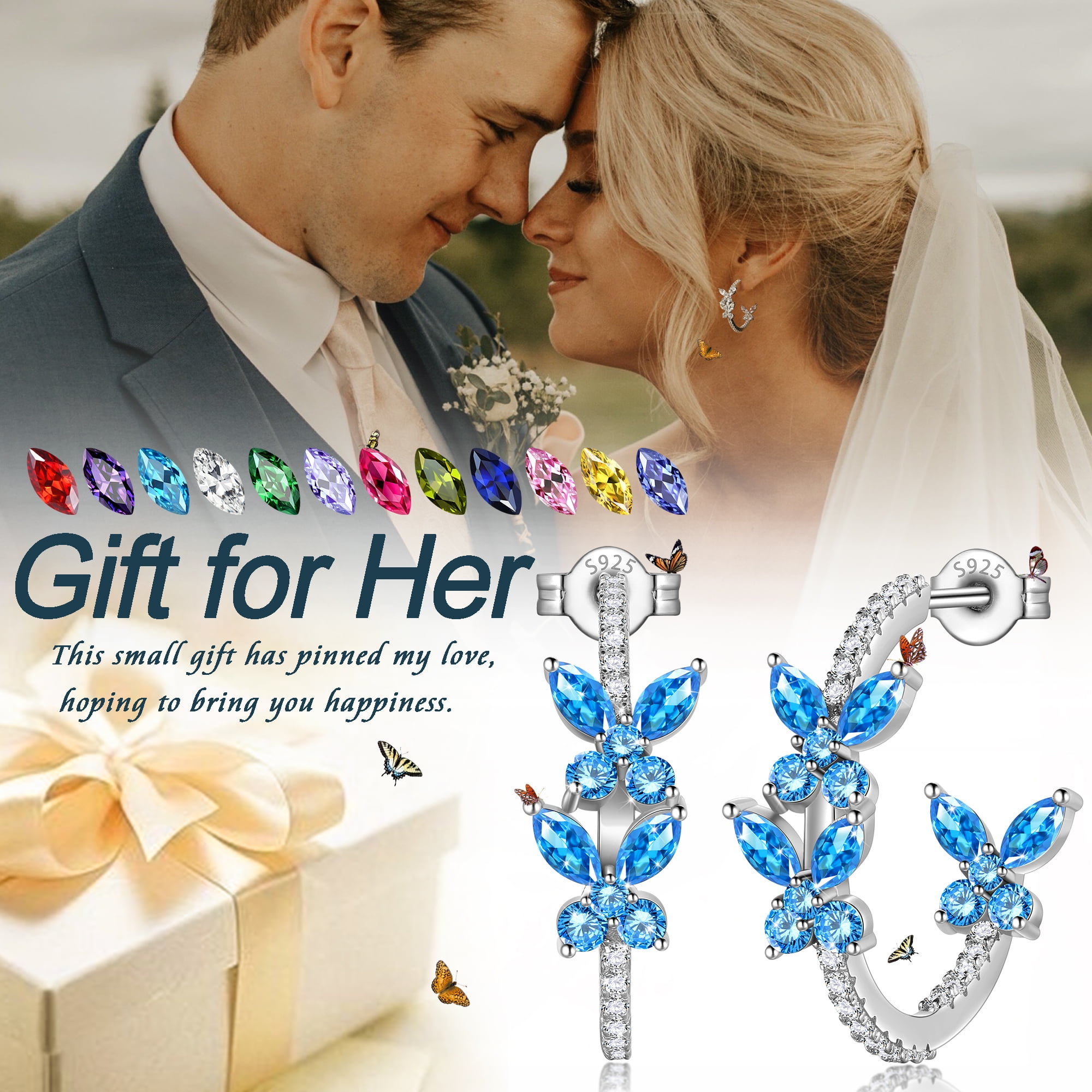 Beautlace 18K White Gold over Stering Silver Butterfly Hoop Earrings,December Tanzanite Birthstone Studs Earrings Jewelry Birthday Christmas Valentines Gifts for Women