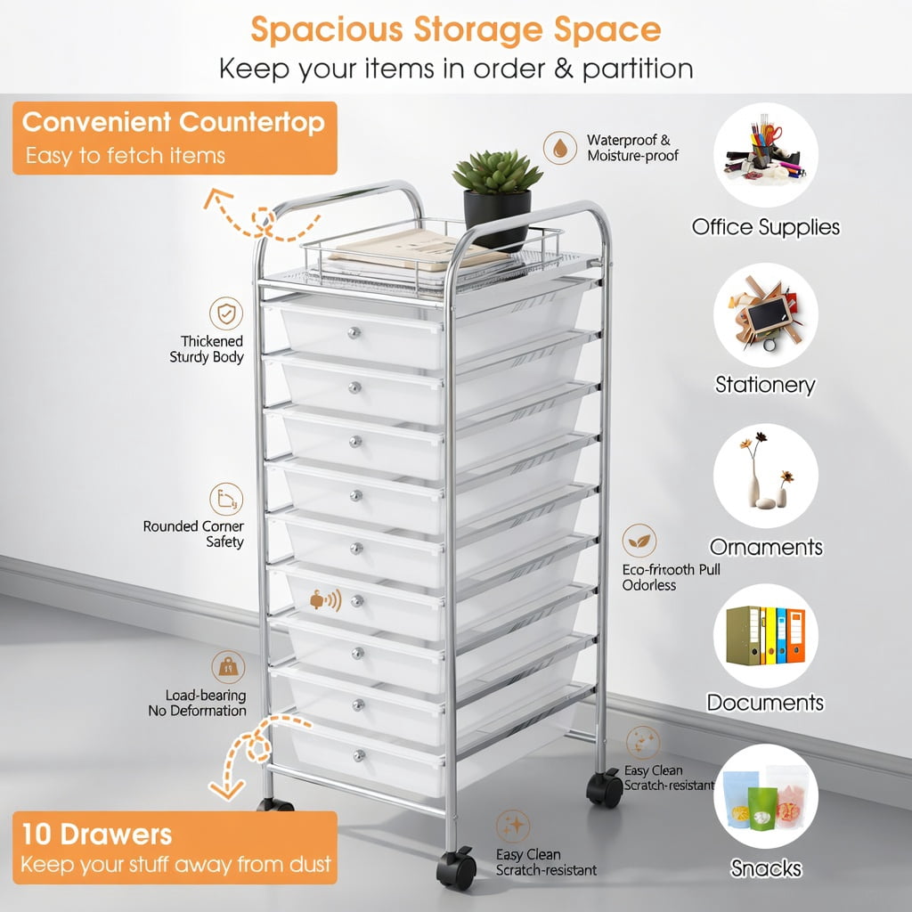 Yardi Yard 10 Drawer Rolling Storage Cart Organizer with 4 Universal Casters-Clear, Storage Cart, Multipurpose Organizer Cart for Home, Office, School