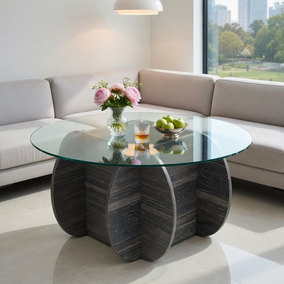 Demi Bonn 35" Round Coffee Table, Tempered Glass Top Solid Wood Base with Storage, Black