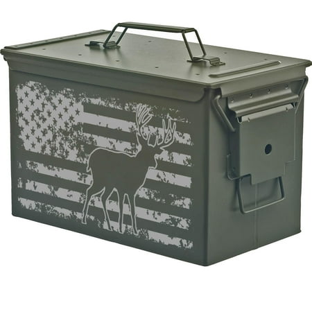 Steel Ammo Can Storage Box Ammunition Case USA Deer American Flag Hunting (50cal Green)