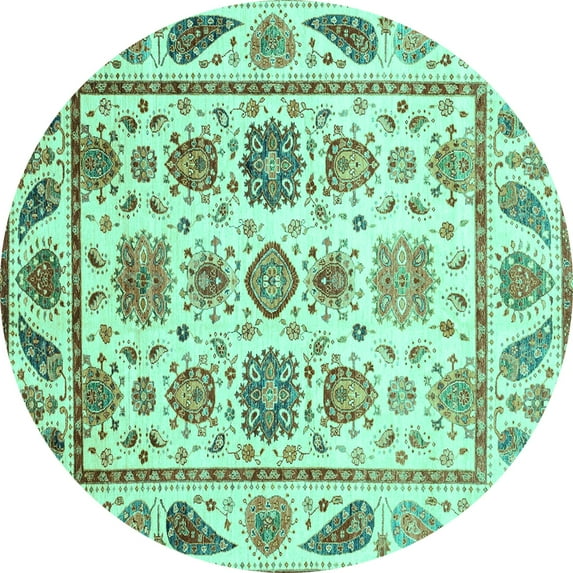 Ahgly Company Machine Washable Indoor Round Abstract Turquoise Blue Modern Area Rugs, 4' Round