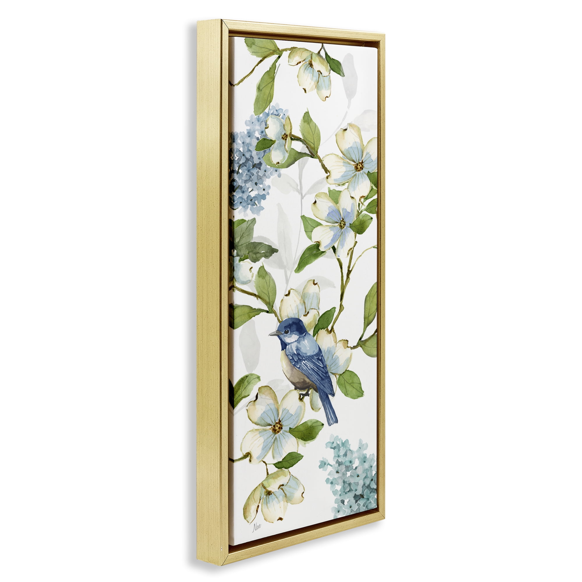 Stupell Industries Dogwood Flowers & Bird Plants & Flowers Painting Gold Floater Framed Canvas Art Print Wall Art, 14 x 31