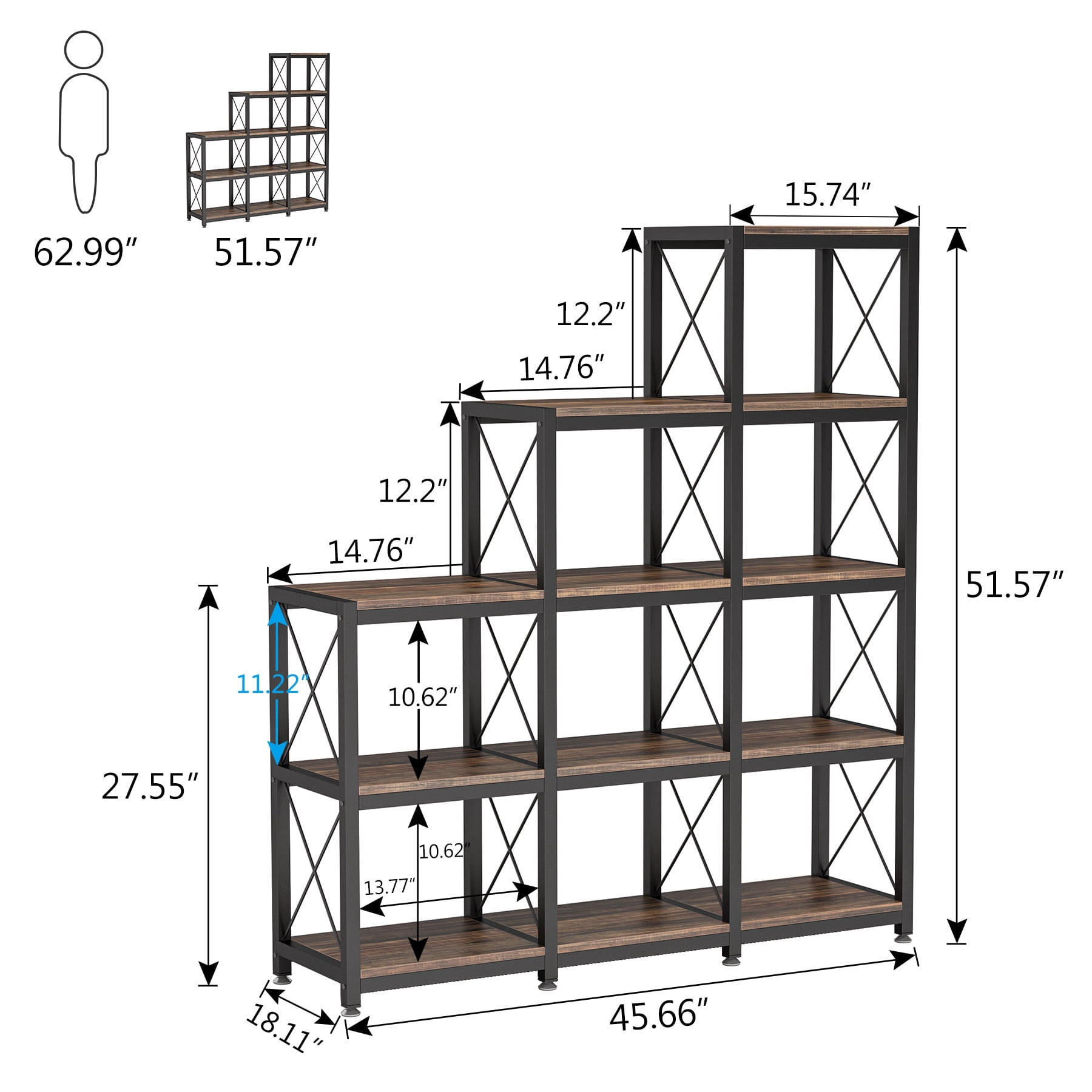 Tribesigns Industrial 5-Tier Ladder Bookshelf - 12-Shelf Rustic Brown Bookcase with 9 Cubes, Corner Display Storage for Home/Office