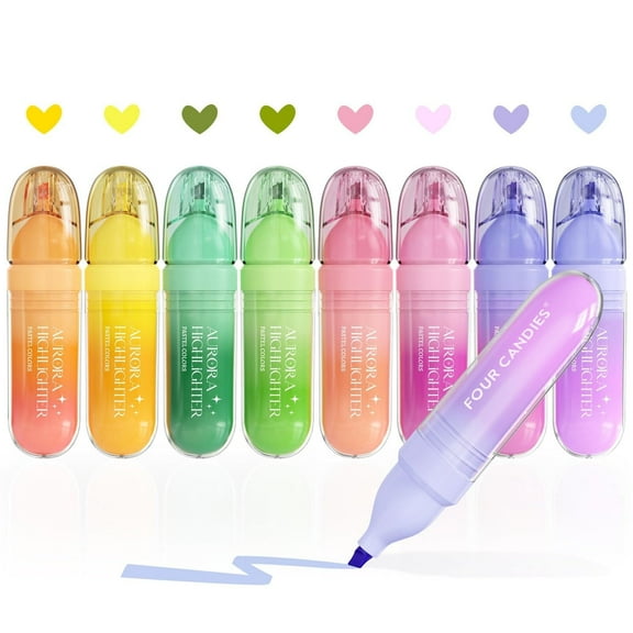 Four Candies 8 Pcs Highlighters Assorted Colors, Cute Pastel Highlighter Set, Dry Quickly, Soft Chisel Tip, Bible Highlighter for No Bleed, Aesthetic Highlighters for Office