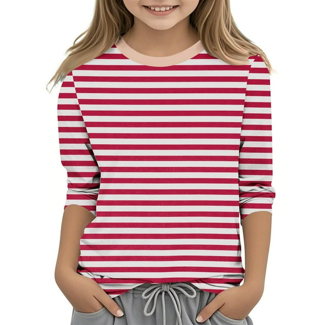 MeetoTime Haut à Manches 3/4 pour Filles Col Rond Rayé Imprimé T-shirt Décontracté d'Été Vêtements pour Enfants 3-12 Ans