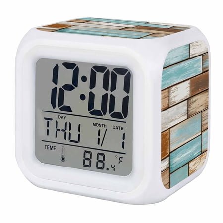 Alarm Clocks Blue Wood Grain Digital Clock 7 Color LED Night Light Silent Non-Ticking Battery Operated Brown Rustic Retro Wooden Cube Clocks Decorative for Bedroom Bedside Living Room Office School