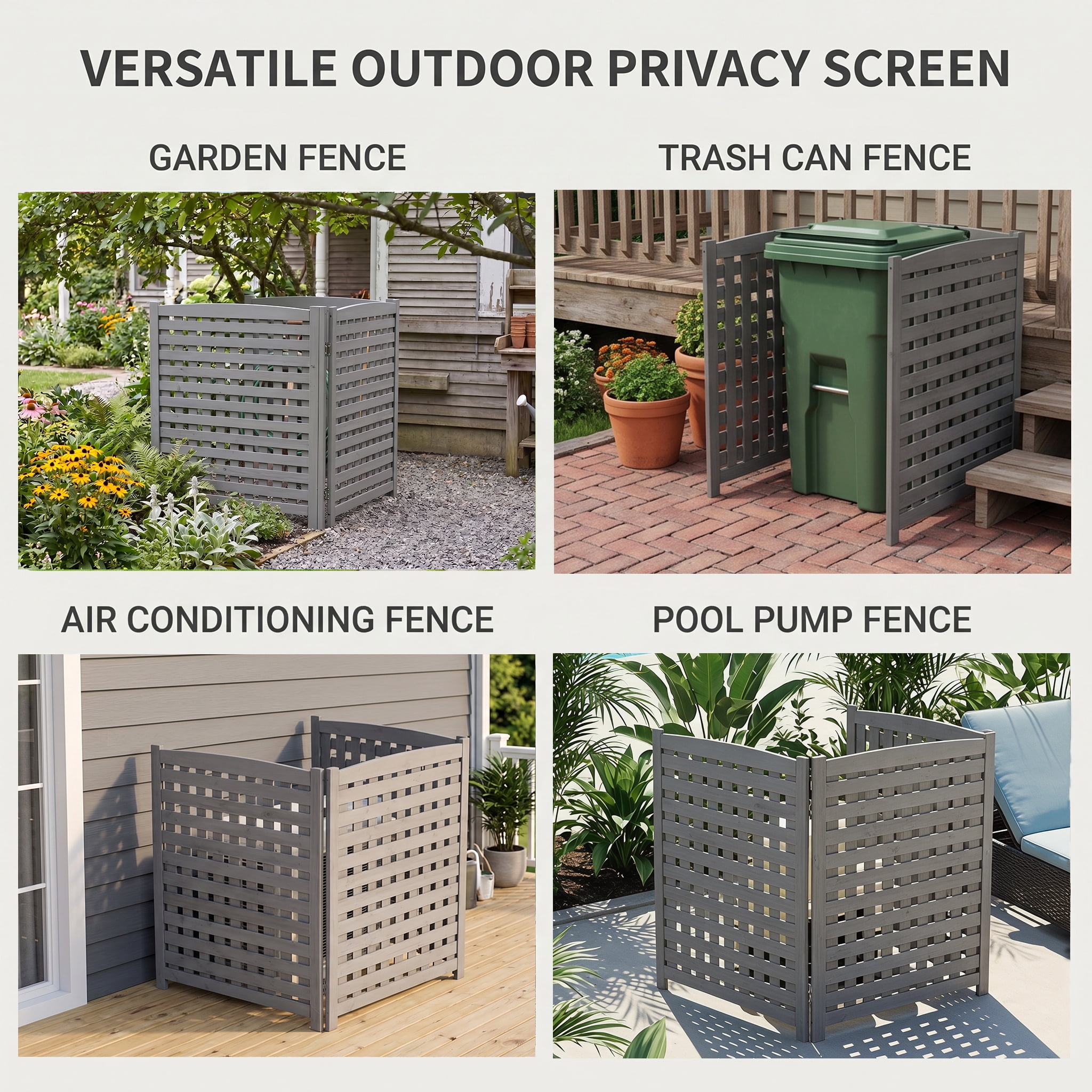 Outdoor Wood Privacy Fence 3-Panel 32W x 38H, Solid Wood Air Conditioner Screen with Slat Spacing for AC Unit Trash Can Pool Pump Enclosure, Gray