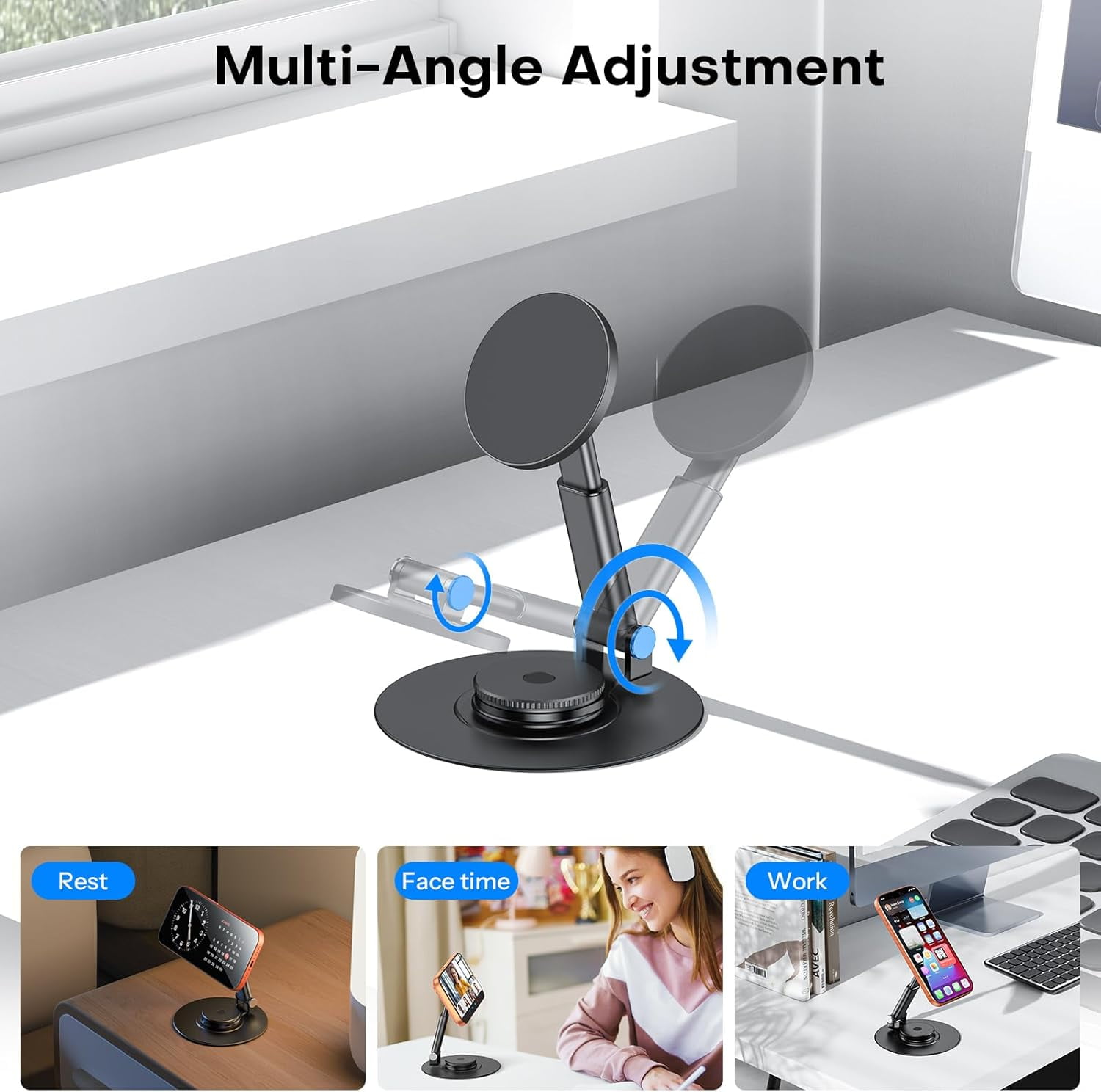 2 Pack Fully Aluminum Dual Folding Cell Phone Stand, Adjustable Foldable Desktop Phone Holder for Desk Compatible with iPhone 17 16 15 14 13 12 11 Pro Max Xs Xr X 8, All Phones, Black & Silver