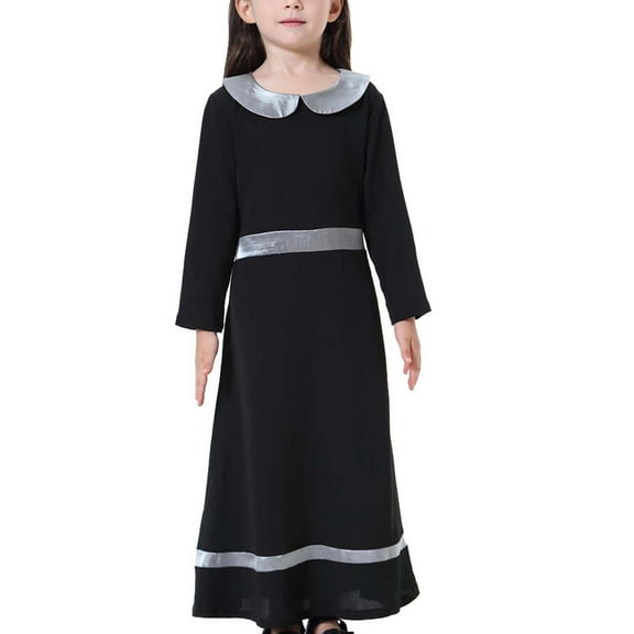 Huvoen Baby Girl Dresses Muslim Long Dress Medium Big Girls Long Sleeve Doll Collar Colorblock Dress Black 4-5 Years