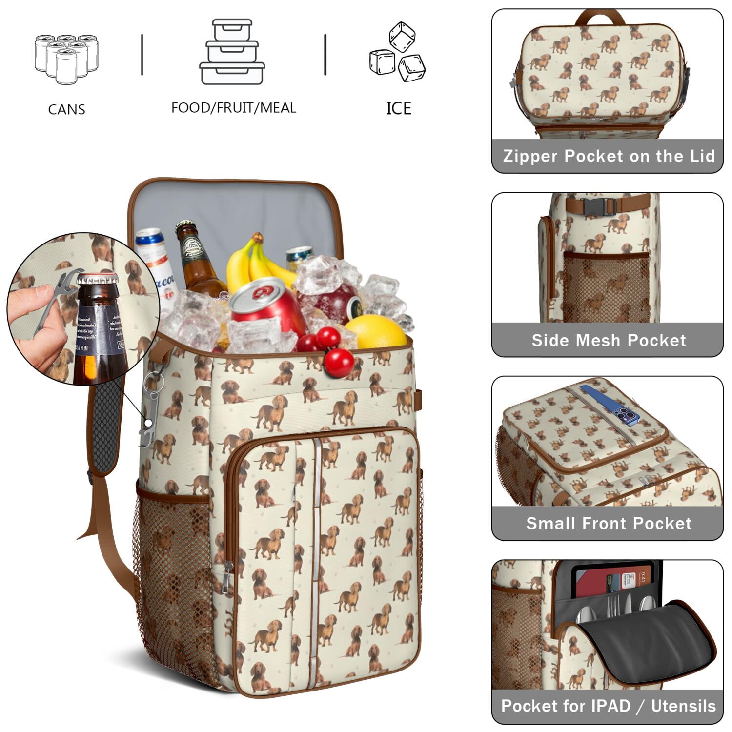 Travel Cooler Bag - Dachshund Footprint Camping Beer Cooler Backpack with Bottle Opener- Waterproof Insulated Picnic Backpacks - Cooler Bag for Beach