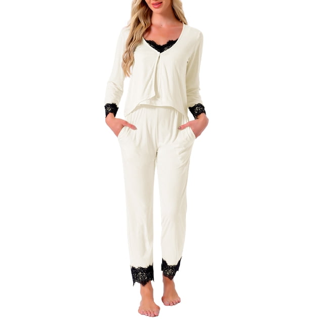 INSPIRAR CHIC Conjunto de Ropa de Casa para Mujeres, Top de Encaje sin Mangas con Tirantes, Pantalones Suaves con Bolsillos, Cárdigan, Conjunto de Pijamas de 3 Piezas XL Blanco