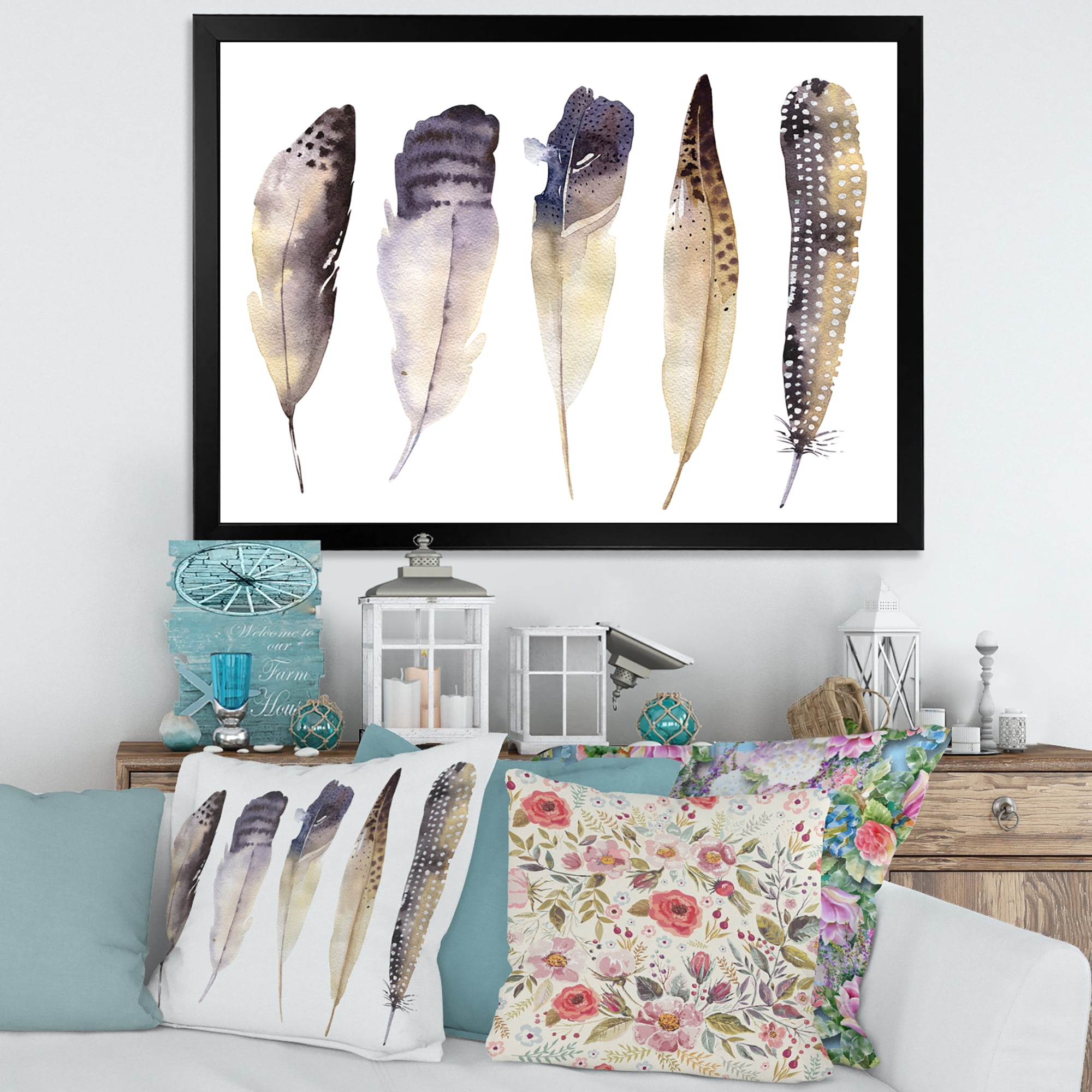 Designart 'Dark Gray Feathers Boho Ethnic II' Bohemian & Eclectic Framed Art Print