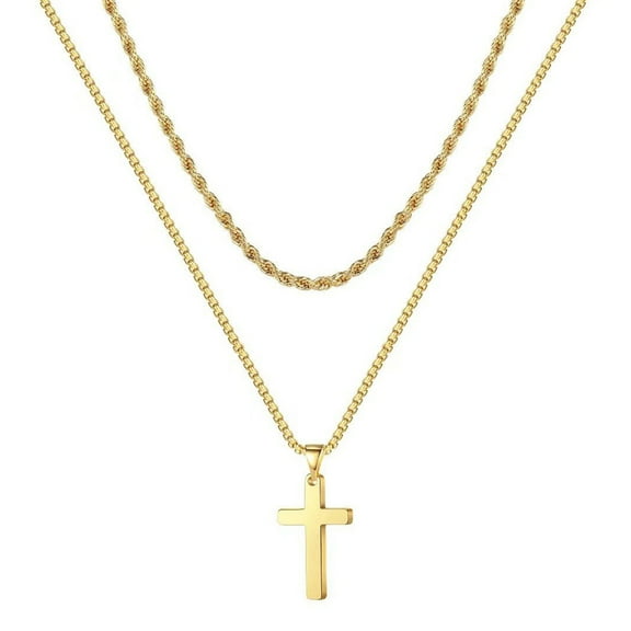 14K Yellow Gold Double Chain Cross Necklace Pendant For Men Gift Jewelry Accessory Golden Silver Color