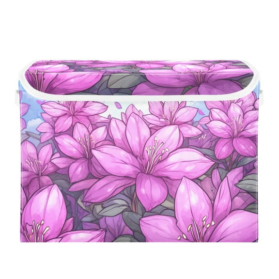 Purple Azalea Flower Large Storage Bins with Linen Collapsible Lid Storage Box 16.7 x 12.6 x 11.8in