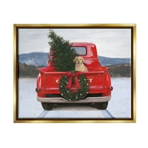 Stupell Industries Holiday Tree in Truck Holiday Painting Gold Floater Framed Art Print Wall Art, 21 x 17