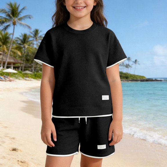 JIAYUE Boys Girls Two Piece Summer Outfit Sets Knit Textured Solid Color Kids Casual Short Sleeve Round Neck Top And Drawstring Shorts Comfort Lightweight Clothing Set